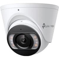 White TP-Link turret IP security camera with black lens, LED lights, and 4K resolution, designed for outdoor use.