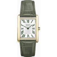 Gold Accurist ladies watch, green leather strap, white dial, Roman numerals, 26mm rectangular case.