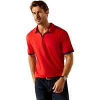 Red Ariat men's 1/4 zip polo with navy trim on collar and sleeves, medium size, worn by a model.