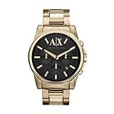 Gold Armani Exchange chronograph watch with black dial, 45mm case, and stainless steel strap.