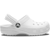 White Crocs girl's classic clog with perforated toe box, adjustable heel strap, and textured sole, size infant 13.