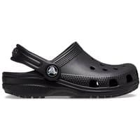 Black Crocs toddler clog with heel strap, ventilation holes, and textured sole, size Infant 9.
