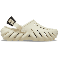 Bone and black Crocs Unisex Echo Clog with perforated upper and adjustable heel strap, featuring a wavy sole design.