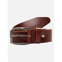 Brown Jack & Jones leather belt with silver buckle and embossed logo, size XL.