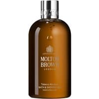 Amber Molton Brown Tobacco Absolute bath and shower gel bottle with silver cap, 300 ml size.