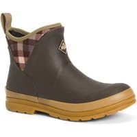 Brown plaid print ankle wellingtons with tan sole and pull tab by Muck Boots, UK size 9.