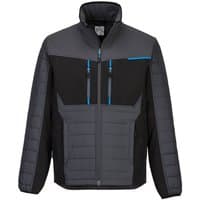 Grey Portwest Baffle Jacket, XXL, with black panels, blue zip accents, and quilted sleeves.