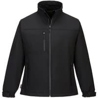 Black Portwest Charlotte Ladies Softshell jacket, size L, with front zipper, high collar, and zippered pockets.
