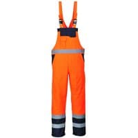 Orange Portwest bib and brace with reflective stripes, black accents, and adjustable straps, size XL.