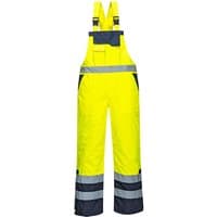 Yellow Portwest Contrast Bib & Brace with reflective stripes, lined interior, and adjustable shoulder straps, size M.