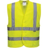 Yellow Portwest hi-vis vest with grey reflective stripes, sleeveless, L/XL size.
