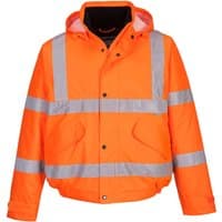 Orange Portwest Hi-Vis Bomber Jacket, XXL, with reflective stripes, detachable hood, and front pockets.
