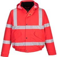 Red Portwest Hi-Vis Bomber Jacket with reflective silver stripes and detachable hood.