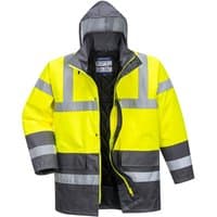 Yellow and black Portwest Hi-Vis Contrast Traffic Jacket, reflective stripes, hooded, XL size.