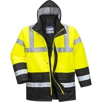 Yellow and black Portwest hi-vis contrast traffic jacket with reflective stripes, hood, and front zipper, size XS.
