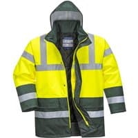Yellow and green hi-vis traffic jacket with reflective stripes, hood, and zip closure.