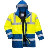 Yellow and royal blue hi-vis traffic jacket with reflective stripes, hood, and quilted lining, size XXL.