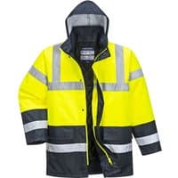 Yellow Portwest hi-vis traffic jacket, reflective stripes, black contrast panels, hooded, size XS.