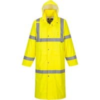 Yellow Portwest Hi-Vis Rain Coat with reflective stripes, hood, and snap buttons, 122cm length, size XL.