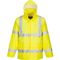Yellow Portwest Hi-Vis Rain Jacket XXL with reflective stripes, hood, and front zipper closure.