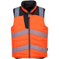 Orange and black reversible bodywarmer with reflective stripes and zip closure, high collar, size XL.