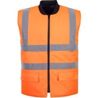 Orange Portwest hi-vis reversible bodywarmer with grey reflective stripes and front pockets, size small.