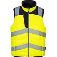 Yellow and black reversible hi-vis bodywarmer, reflective stripes, zip closure, sleeveless, size XL.