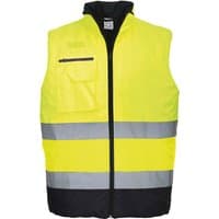Yellow and navy Portwest hi-vis bodywarmer with zip front, reflective stripes, and chest pocket, size S.