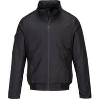 Black Portwest KX3 bomber jacket with high collar, front zipper, and ribbed cuffs and hem.