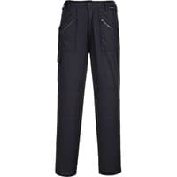 Black Portwest ladies action trousers with multiple pockets, zip closures, and reinforced knees, size M, regular fit.