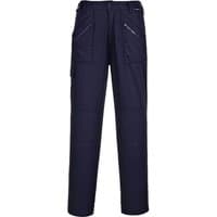 Navy Portwest ladies action trousers with multiple pockets, zip fly, and reinforced knees, size L, regular length.