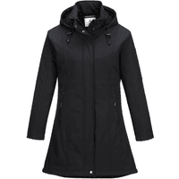Black Portwest Ladies Carla Softshell Jacket with hood, front zipper, and long sleeves, size S.