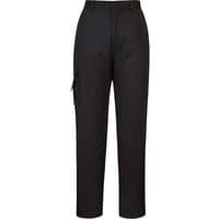 Black Portwest ladies combat trousers, straight leg, multiple pockets, button closure, size S, regular length.