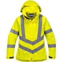 Yellow Portwest hi-vis jacket, XS, with reflective silver stripes, hood, and front zipper closure.