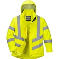 Yellow Portwest ladies hi-vis winter jacket with reflective stripes, hood, and quilted lining, size L.