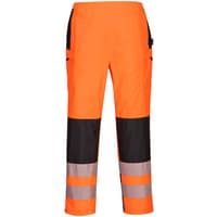 Orange and black Portwest PW3 ladies rain trousers with reflective bands and elastic waistband, size M.