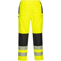 Yellow and black Portwest PW3 ladies rain trousers with reflective bands and elastic waistband, size M.