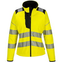 Yellow Portwest PW3 Ladies Softshell Jacket with reflective stripes, black accents, and zip closure.