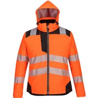Orange and black Portwest PW3 Ladies Winter Jacket with reflective stripes, hood, and zip closure, size S.