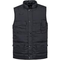 Black Portwest Shetland bodywarmer, quilted design, multiple pockets, high collar, button closure, size L.