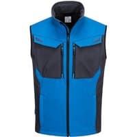 Blue and black Portwest WX3 Softshell Gilet with zip closure, high collar, and multiple front pockets.