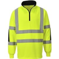 Yellow Portwest Xenon Rugby Shirt with reflective stripes, black collar, and quarter-zip design.