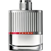 Prada Luna Rossa Eau de Toilette 150ml spray, silver ribbed bottle with red stripe and clear base.