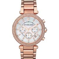 Rose gold Michael Kors chronograph watch with crystal-studded bezel and white dial featuring three subdials.