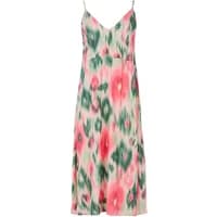 Sleeveless floral dress with pink and green watercolor pattern, V-neckline, and adjustable spaghetti straps.