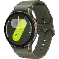 Samsung Galaxy Watch7 Bluetooth 44mm with green strap, round touchscreen, and sleek silver casing.