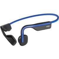 Blue Shokz OpenMove sports headphones with black earpieces and a flexible neckband.