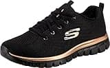 Black mesh Skechers trainers with rose gold trim and logo, lace-up design, size 6 UK.