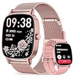 Rose gold smart watch with 1.85'' HD screen, floral display, two straps, and call feature.