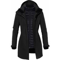 Black Stormtech women's Avalante system jacket, XL, with detachable hood, quilted inner lining, and adjustable cuffs.
